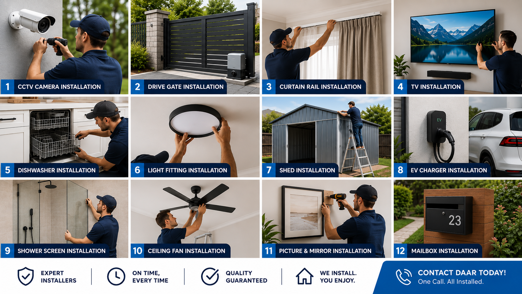 DAAR installer mounting a flat-screen TV in a modern living room
